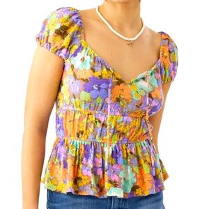 NWT O’Neill Raja Colorful Floral Cap Short Sleeve Peplum Top - Small